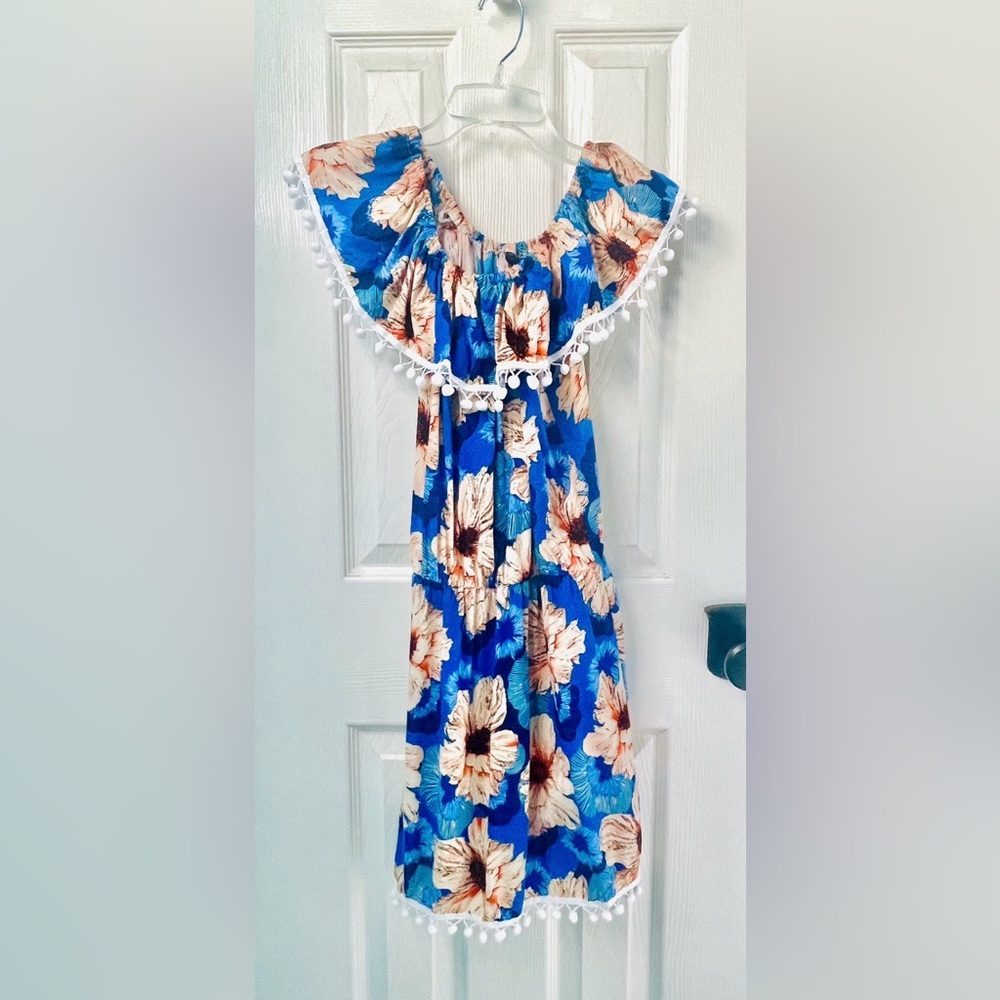 Blue Floral Ruffle Off Shoulder Skirt Dress